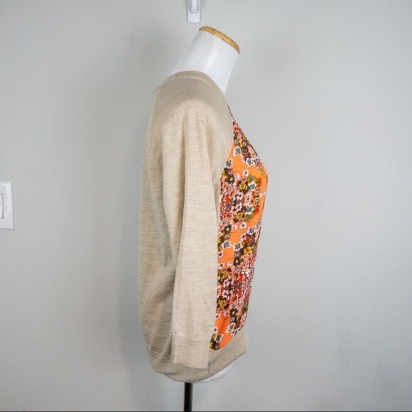 𝅺J Crew Factory Womens Size Small Orange Floral Woven Panel Tan Sweater Merino - Picture 5 of 9